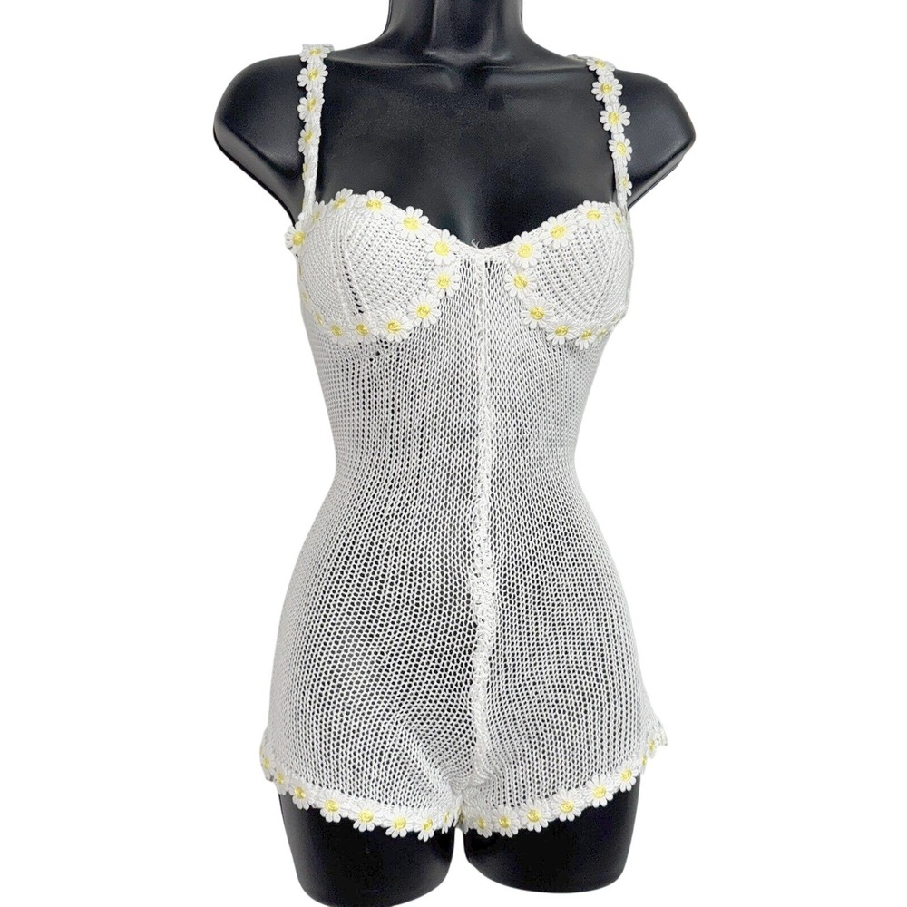 New S Daisy Romper Crochet Knit Bodysuit White Vintage Festival Outfit Retro
